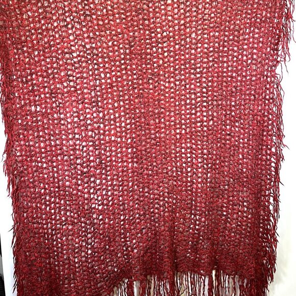 Vintage Handmade Red Open-Weave Fringe Throw Retro Accent Blanket MCM Boho - Picture 2 of 6
